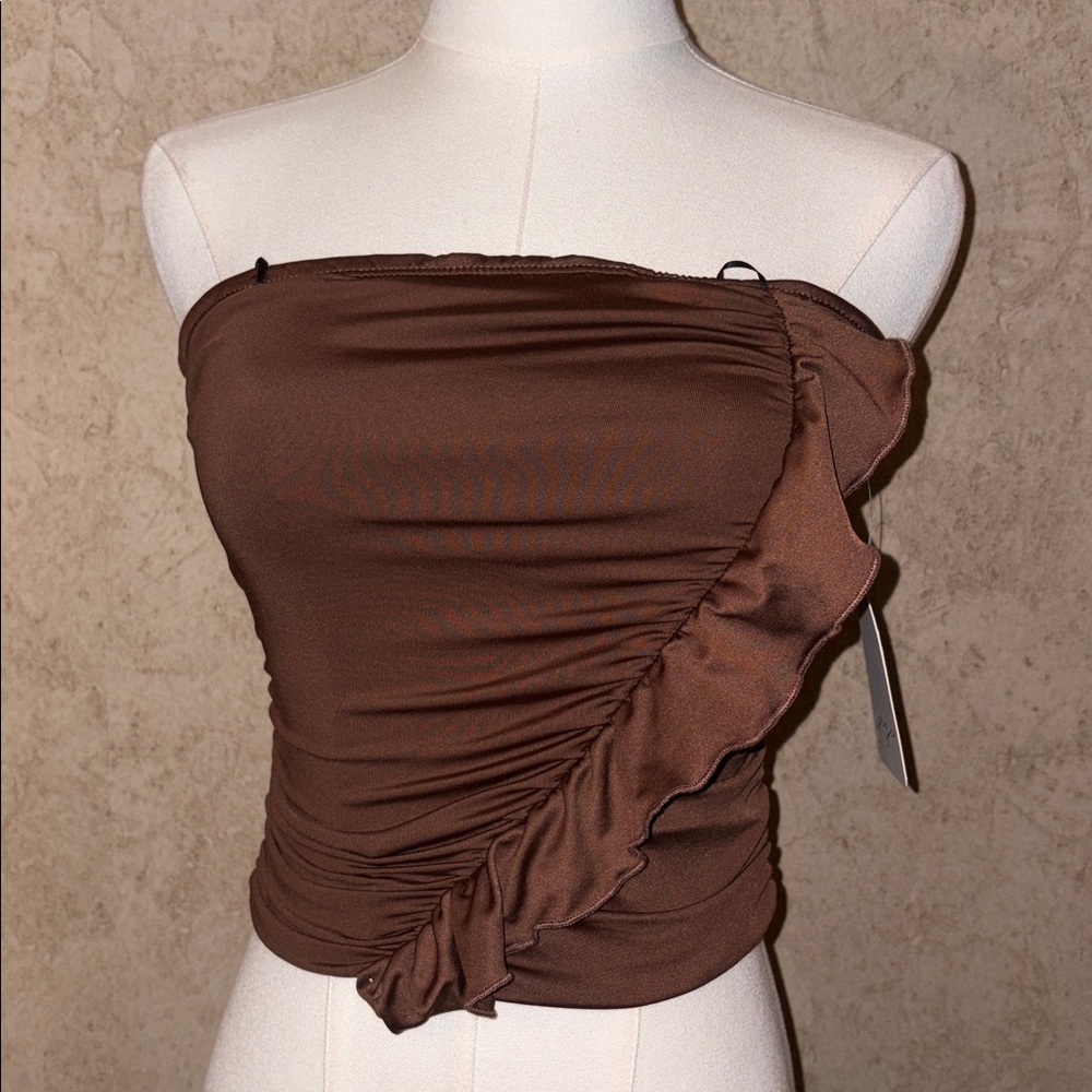 Gaze Brown Ruffle Strapless Top